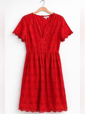 Madewell Red Eyelet Mini Dress V-Neck Short Sleeve Cotton Fit Flare Size 6